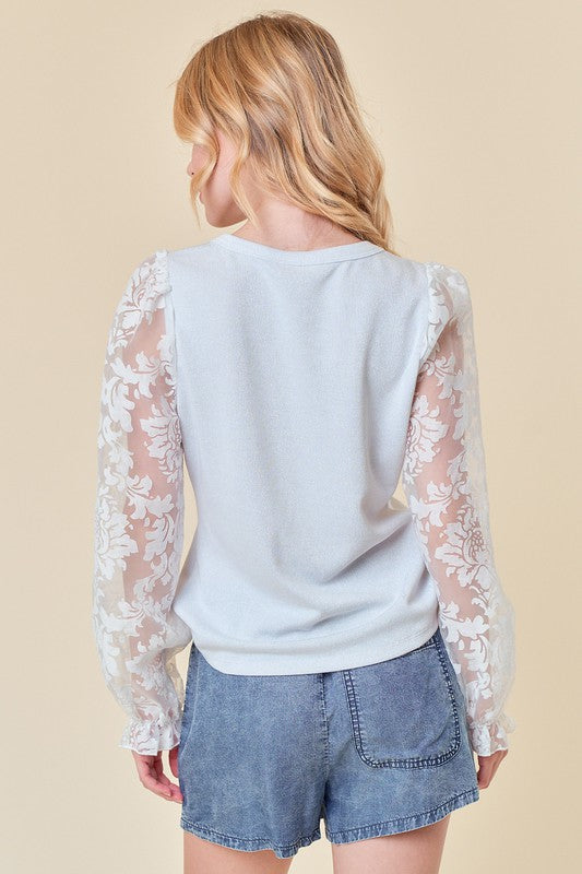 SHIMMER KNIT ORGANZA JAQUARD SLEEVE TOP