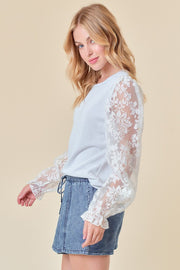 SHIMMER KNIT ORGANZA JAQUARD SLEEVE TOP