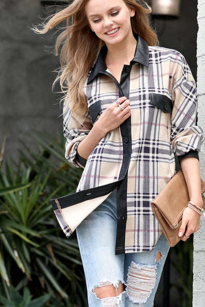 English Plaid & Leather Shacket